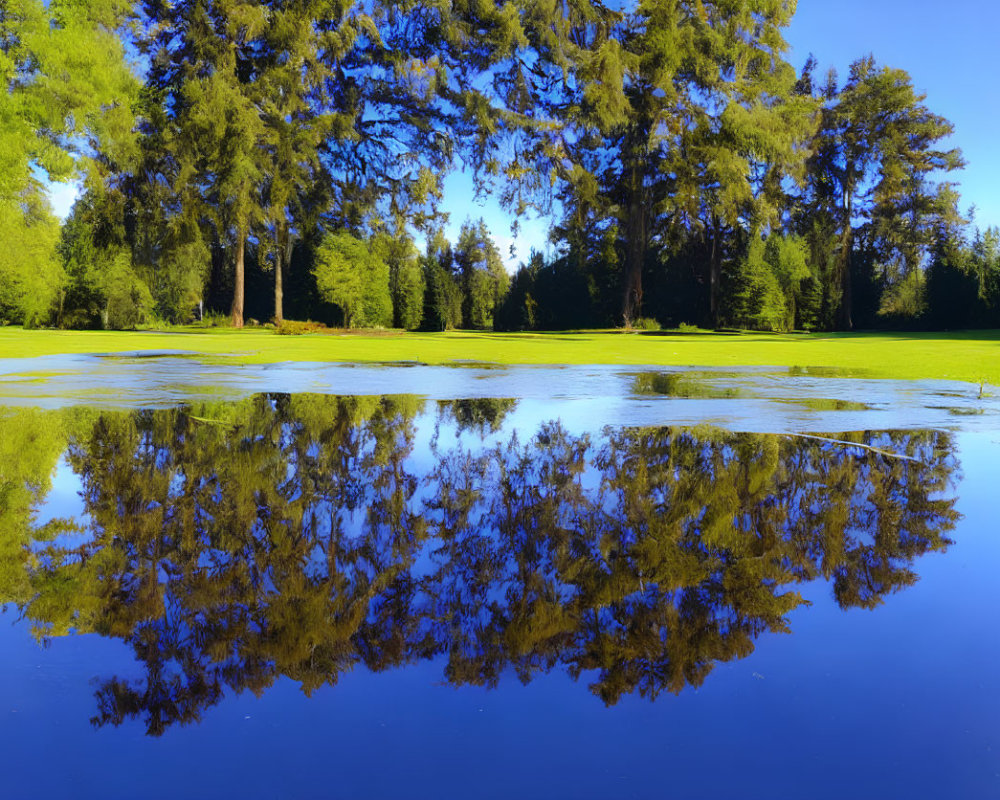 Tranquil pond with lush green trees reflecting in clear blue sky