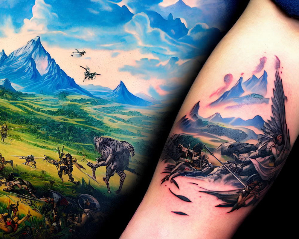 Colorful fantasy battle scene tattoo sleeve with warriors and mythical creatures in mountainous backdrop