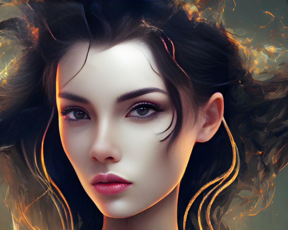 Digital artwork of a woman with dark hair against abstract fiery background