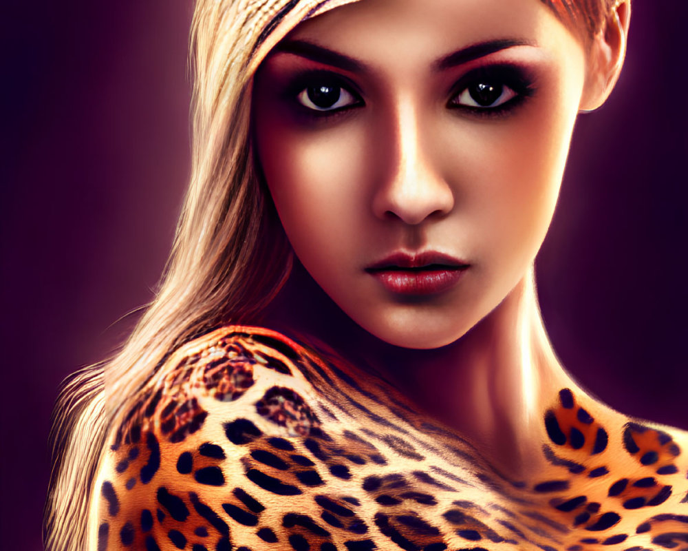 Digital Artwork: Woman with Leopard Print Skin and Striking Eyes