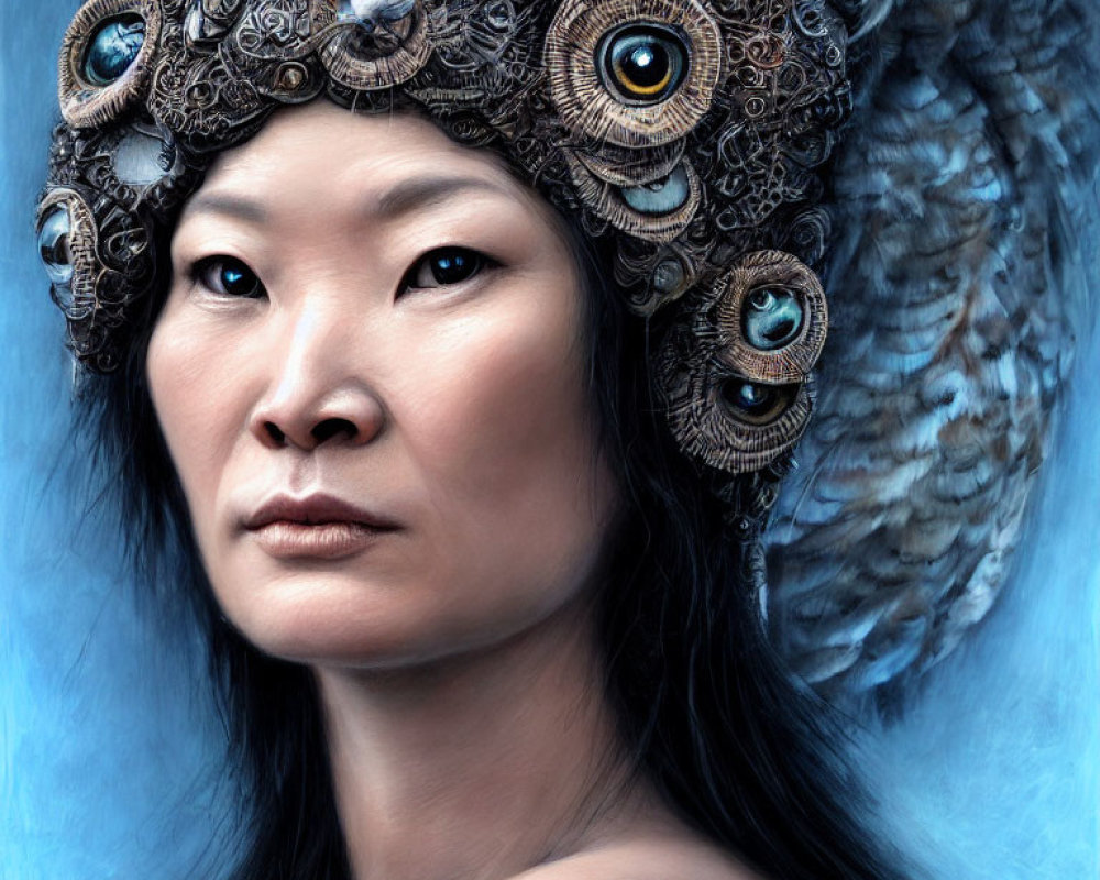 Digital painting of serene Asian woman with ornate owl headdress