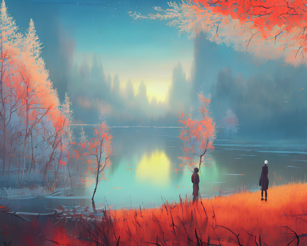 Tranquil lake scene with two individuals and vibrant red foliage