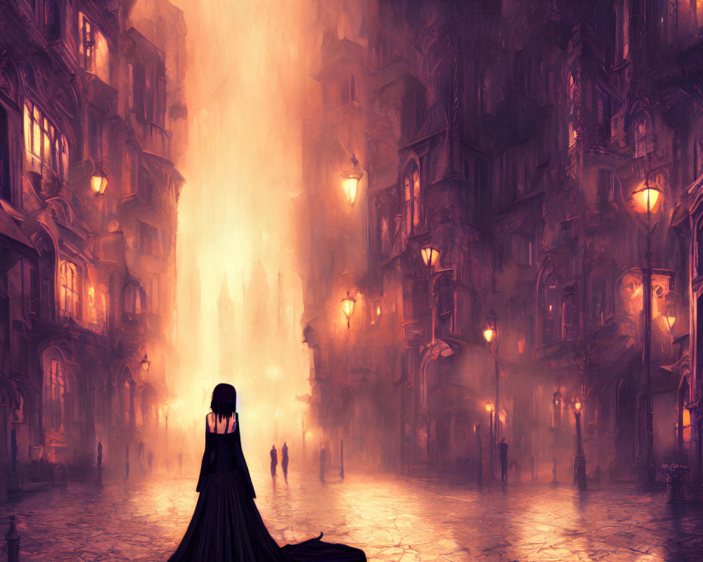 Woman in black gown gazes at silhouetted figures in misty, neon-lit go