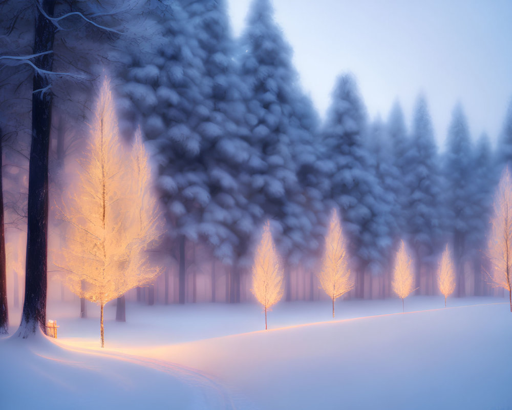 Twilight winter landscape: illuminated trees on snow