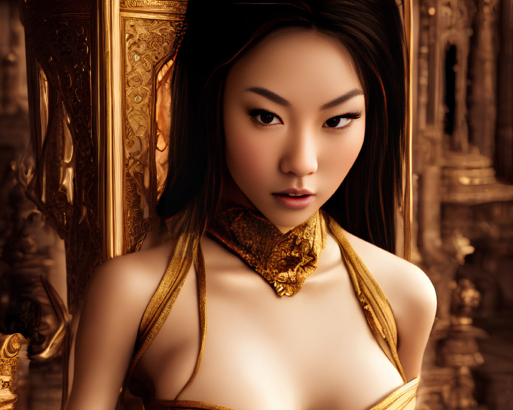 Woman in Golden Attire with Ornate Background and Accessories