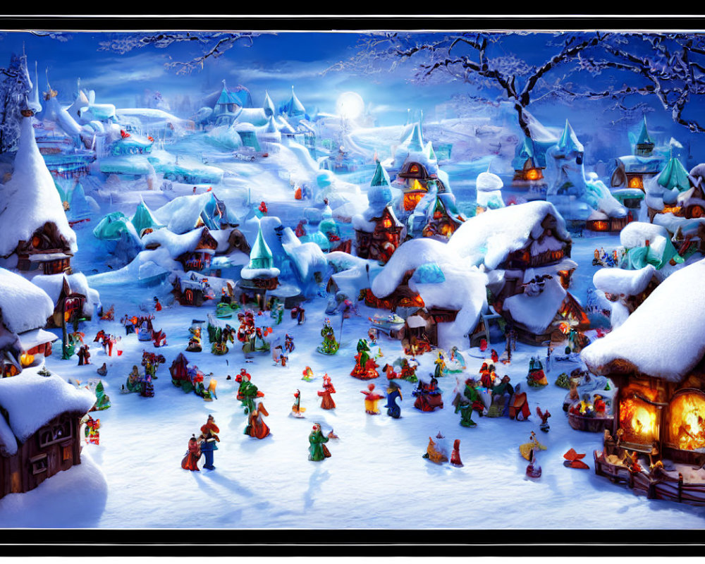 Snow-covered winter village with colorful houses and ice-skating figures.