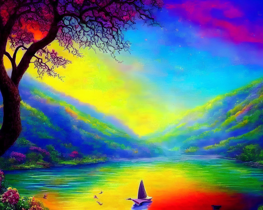 Colorful Sky, Serene River, Blooming Flowers: Vibrant Landscape Scene