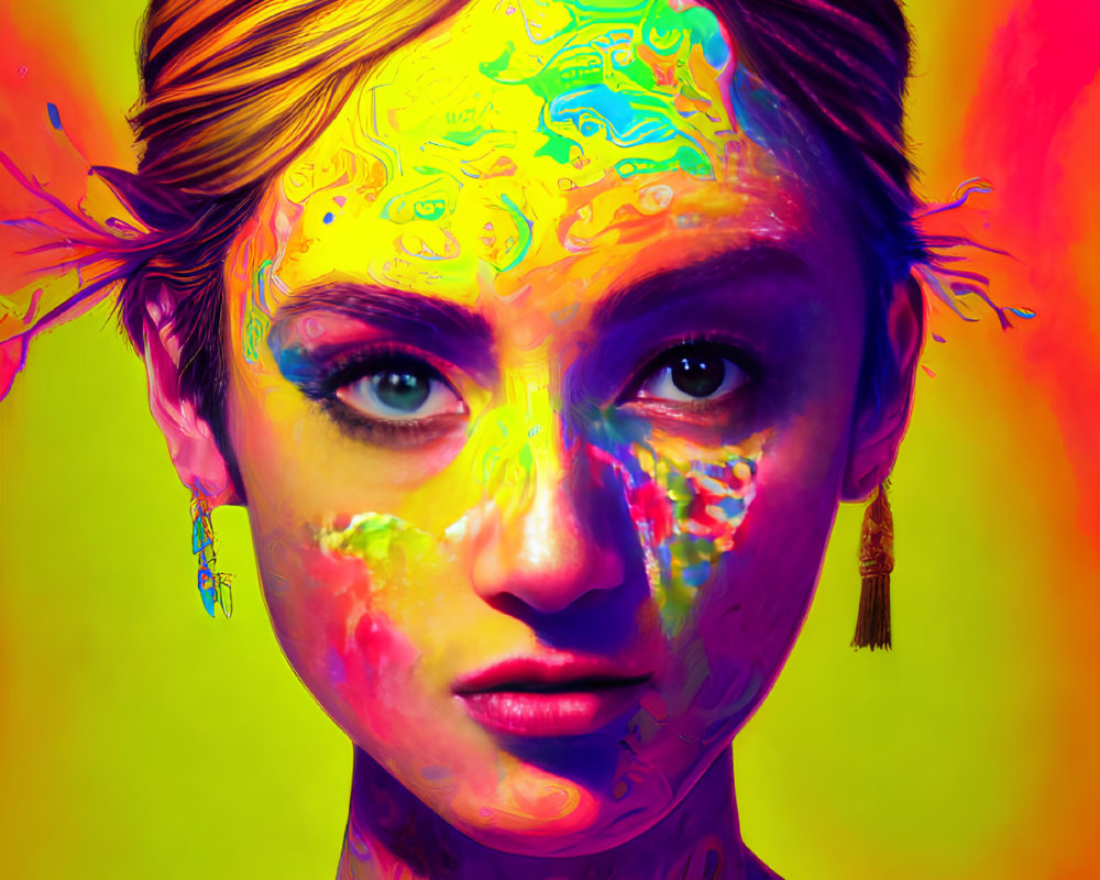 Colorful woman with paint on face and body against gradient background.