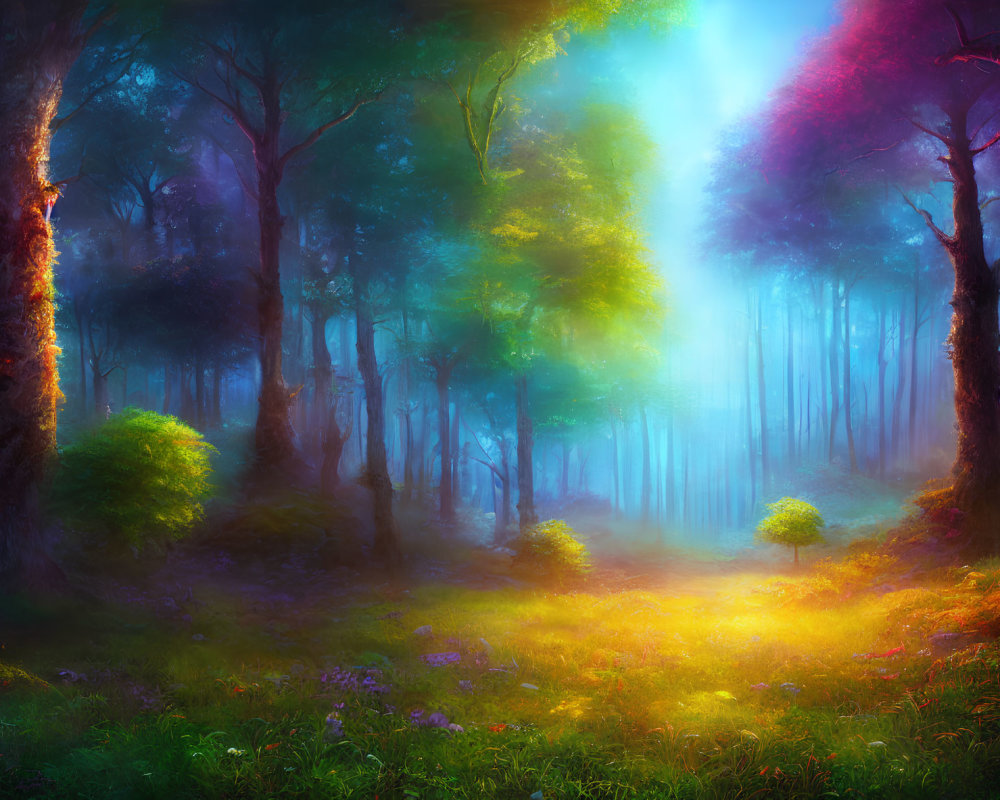 Vivid Enchanted Forest with Sunlight and Glowing Ground