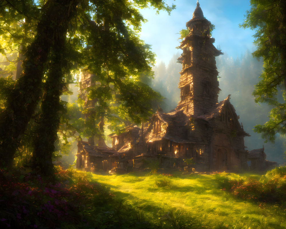 Mystical forest scene at sunrise with wooden tower & lush nature