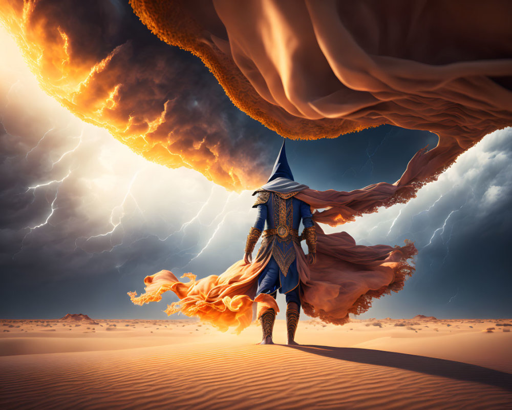 Blue-robed mage in desert under fiery sky with lightning