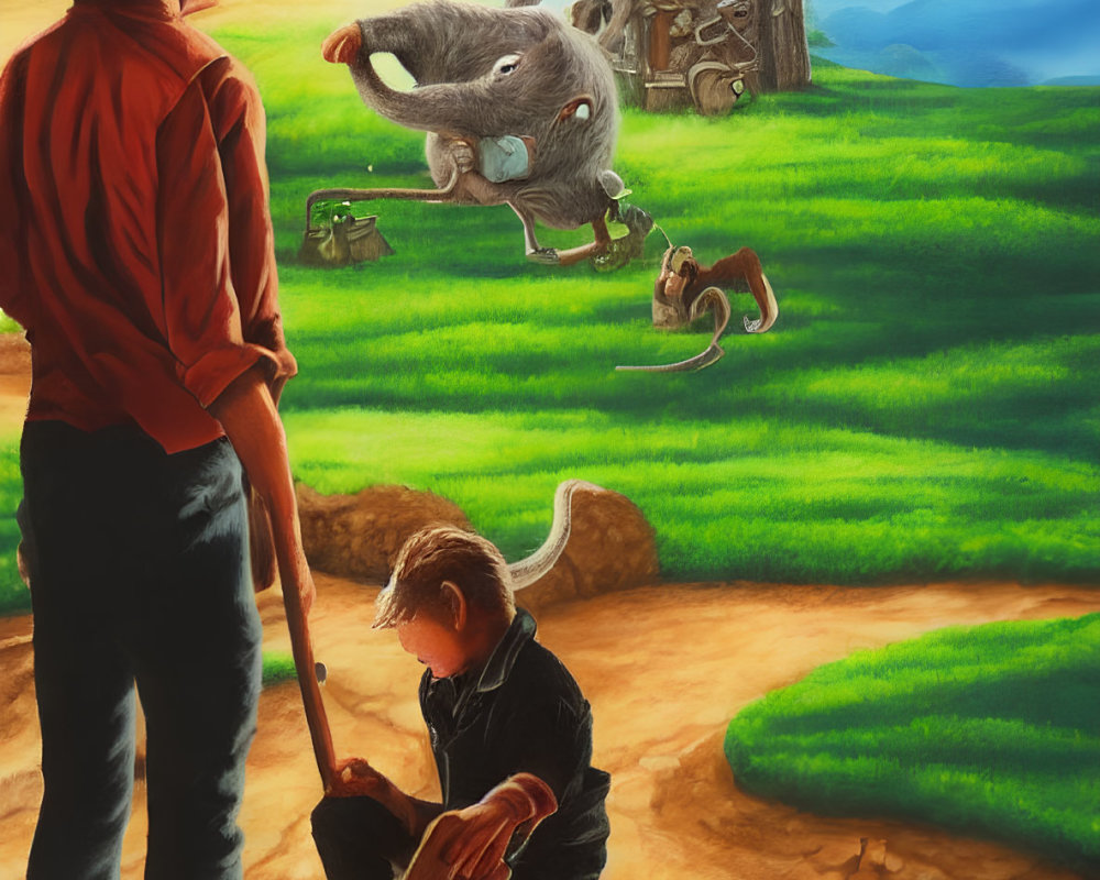 Child digging with farmer and oversized mice in vibrant rural landscape