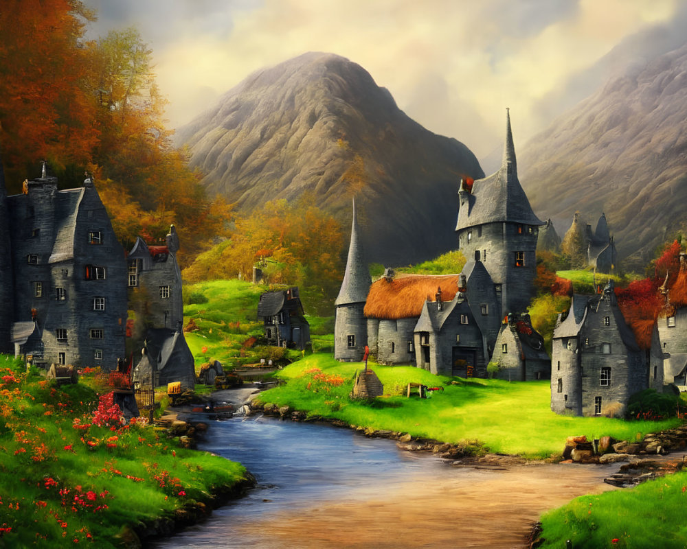 Medieval village with stone cottages, thatched roofs, castle, river, lush hills