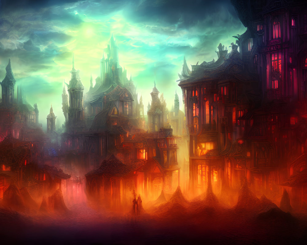 Intricate cityscape with warm glow in hazy twilight sky