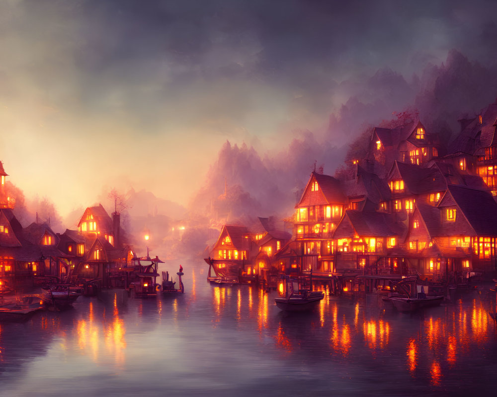 Twilight scene of warmly lit village reflected in river at dusk