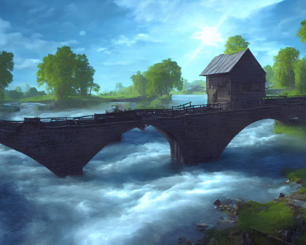 Digital artwork: Ancient stone bridge over blue river in lush green landscape