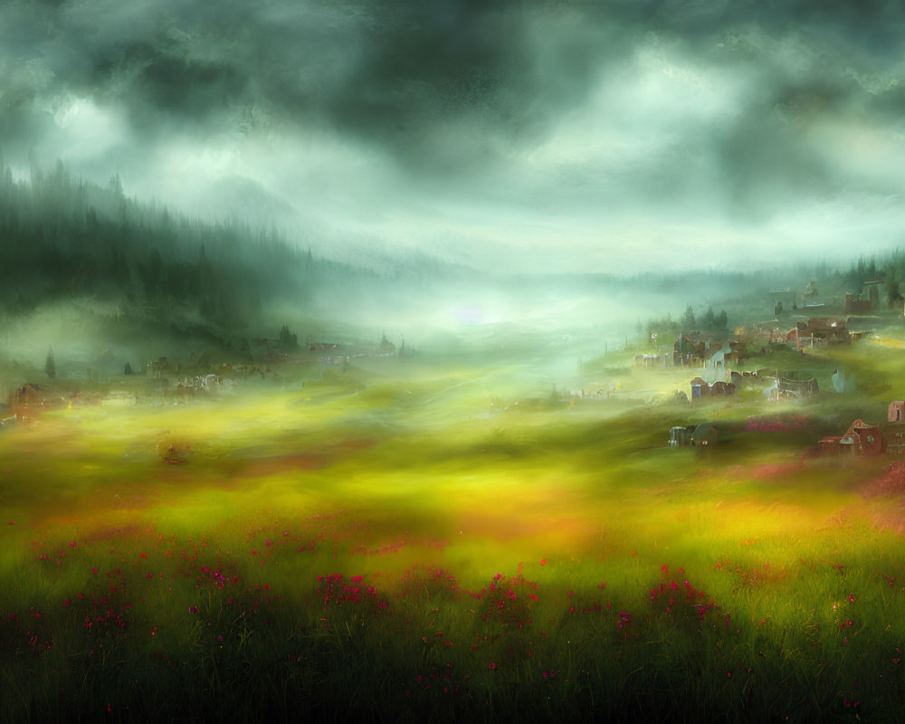 Misty meadow with vibrant flowers and village nestled among hills