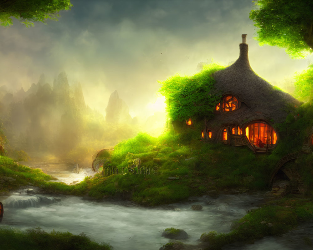 Fantasy landscape: Thatched cottages, river, misty mountains