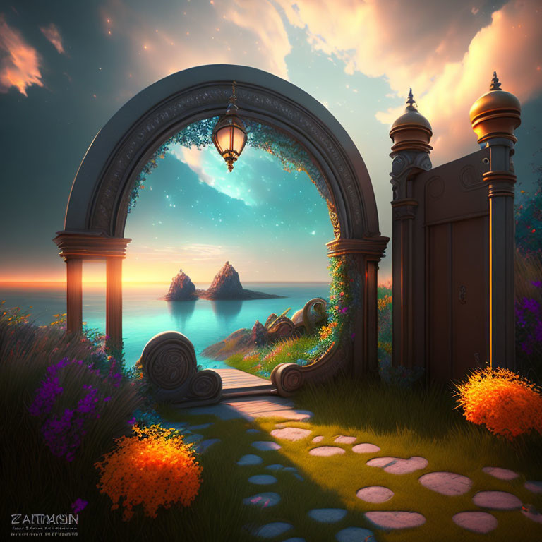 Enchanting open gateway to serene seascape with rocky islets and starry sunset sky.