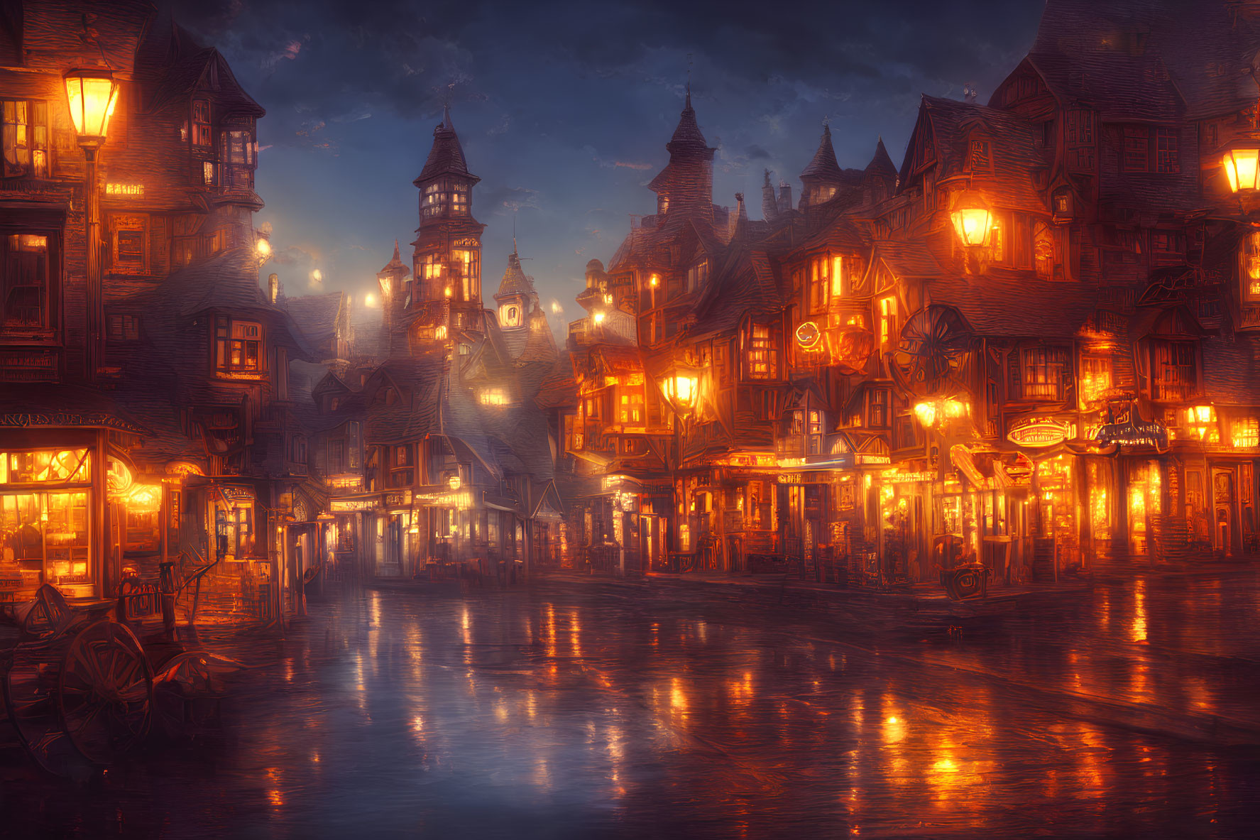 Vintage street scene at dusk with warm lights on wet cobblestones