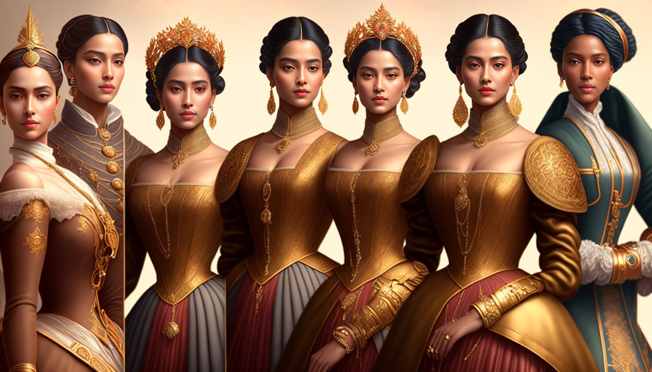 Seven women in traditional golden dresses and headdresses: A regal illustration.