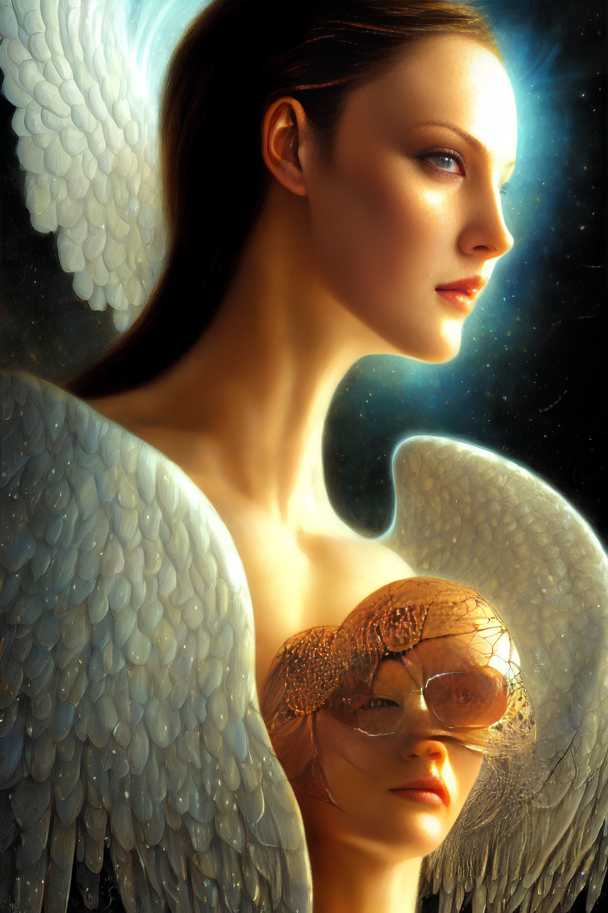 Woman with Angelic Wings Holding Ornate Mask in Celestial Setting