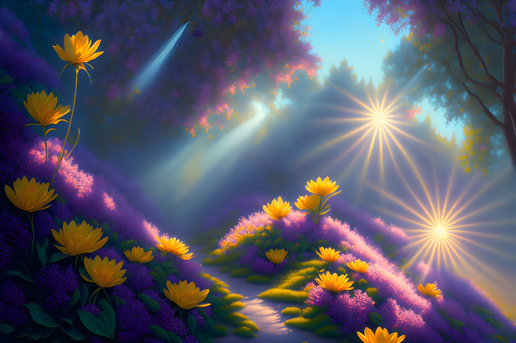 Sunlit Forest Path with Yellow Flowers and Purple Flora