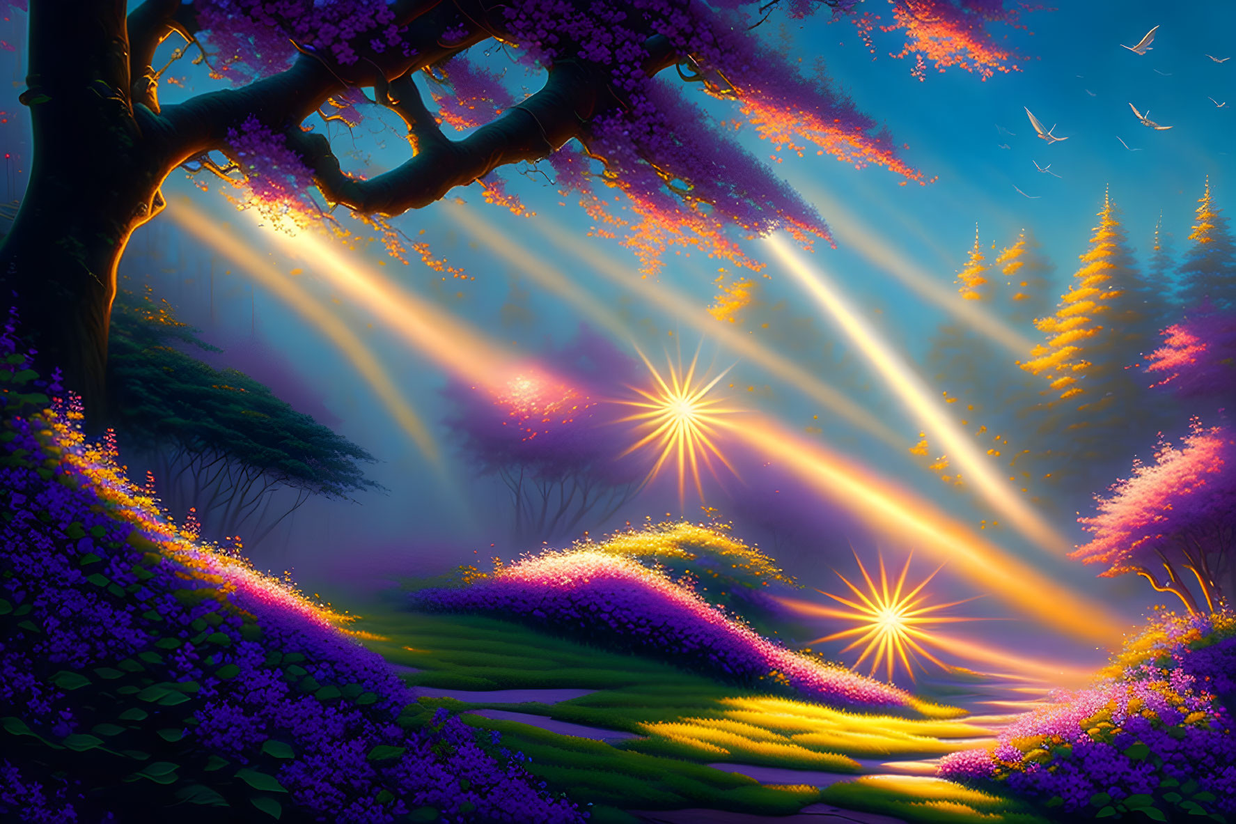 Vibrant purple foliage in mystical forest with sunlight beams & floating dandelions