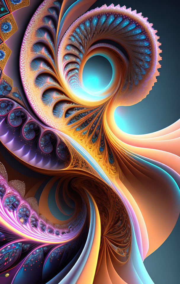 Colorful Digital Fractal Art: Blue, Orange, and Brown Swirling Patterns