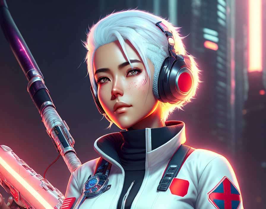 Silver-haired woman with headphones in neon cityscape holding glowing high-tech weapon