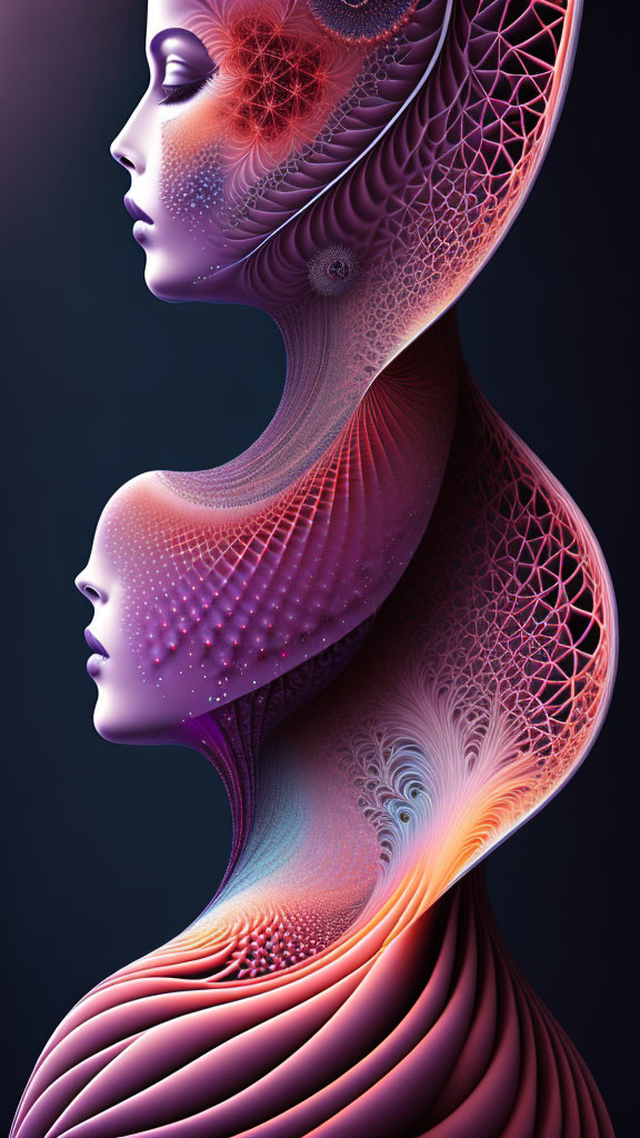 Vibrant digital artwork with intricate patterns of female profiles