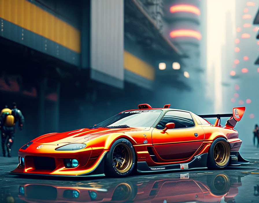 Vibrant red and black modified sports car in futuristic city scene