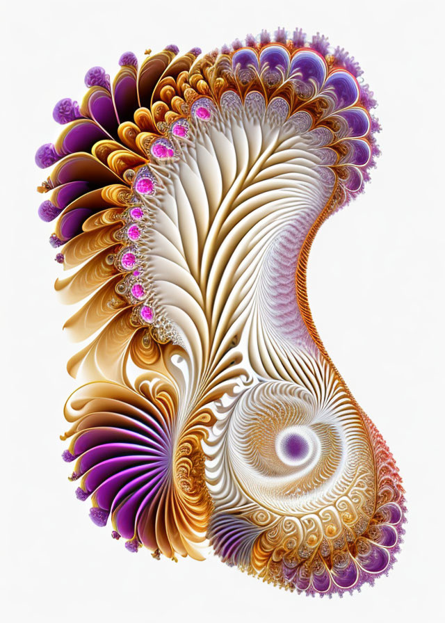 Intricate purple, orange, and cream fractal swirls and spirals form symmetrical se