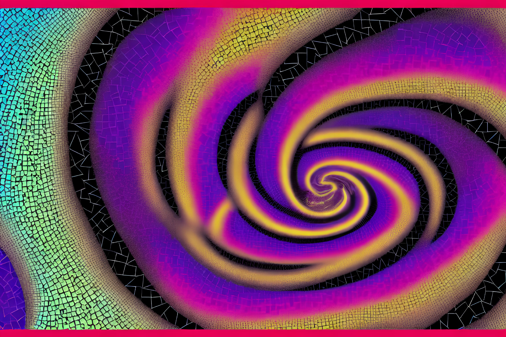 Vibrant abstract fractal spiral in blue and yellow on black background