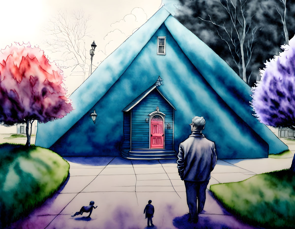 Illustration of person and dog by blue house with pink door surrounded by colorful trees