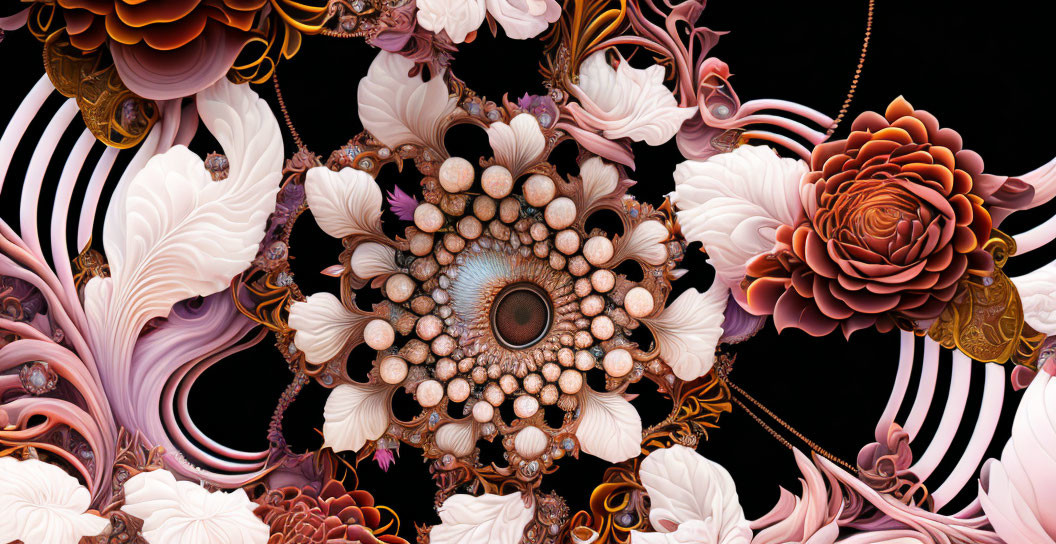 Symmetrical Floral Digital Art with Detailed Textures in Brown, Pink, and White