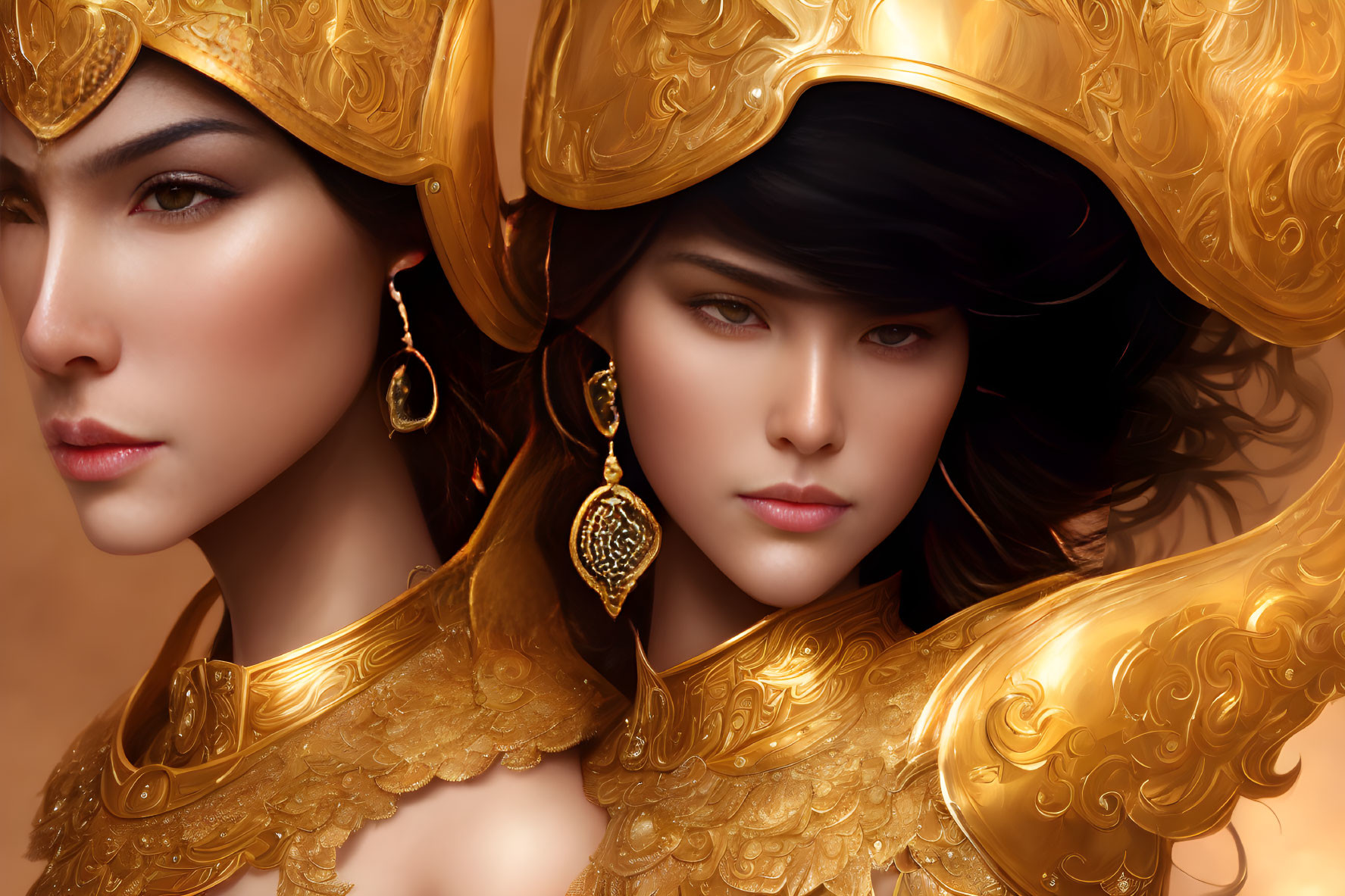 Two women in ornate golden armor and helmets with intricate details and flowing hair.