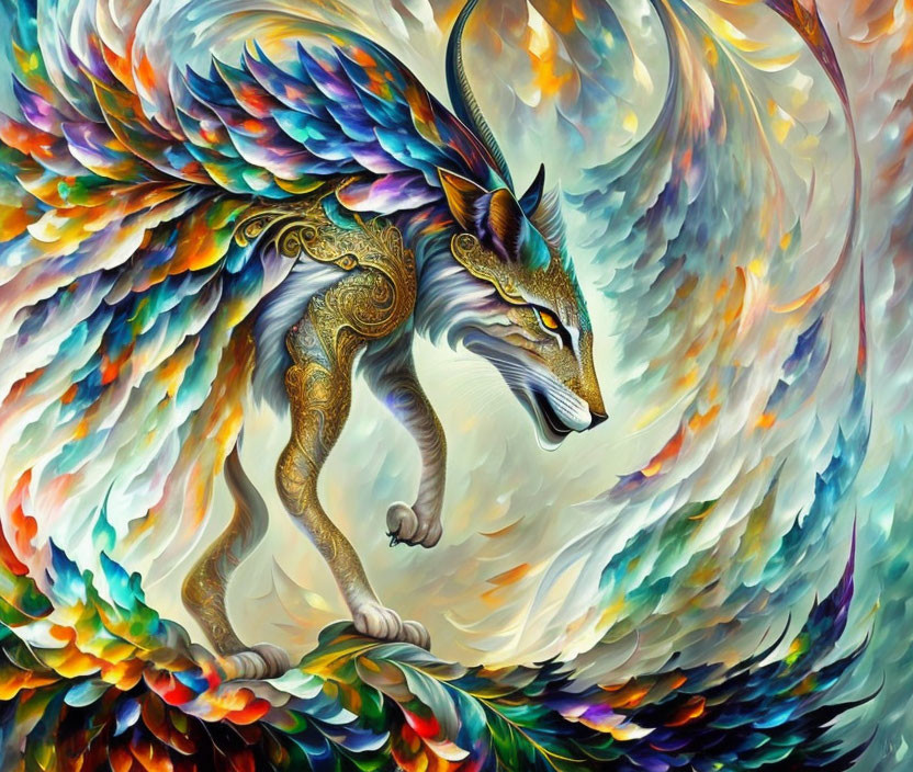 Colorful Mythical Winged Fox Creature on Abstract Background