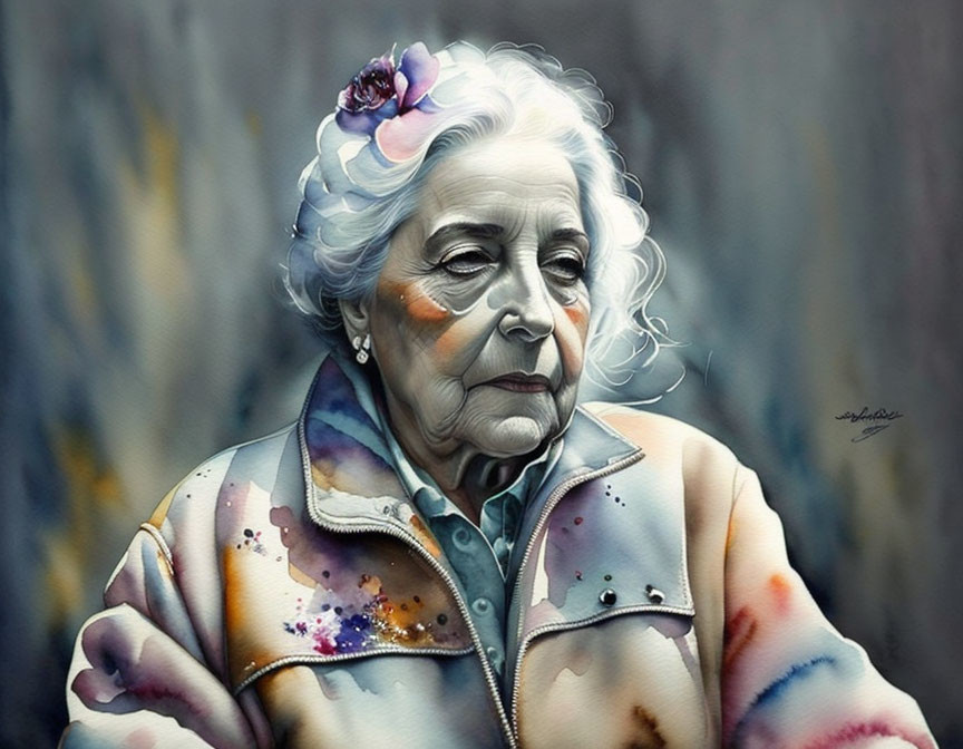 Elderly woman portrait with white hair and floral adornment in colorful jacket