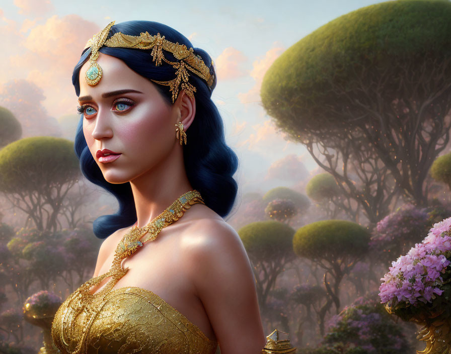 Woman with Blue Hair and Golden Jewelry in Mystical Forest