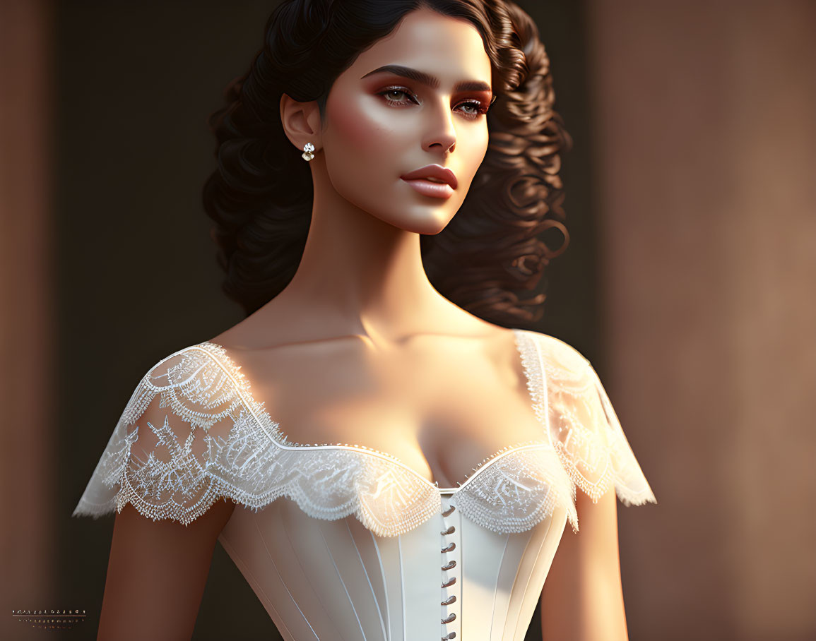 Dark-haired woman in lace dress with pearl earrings