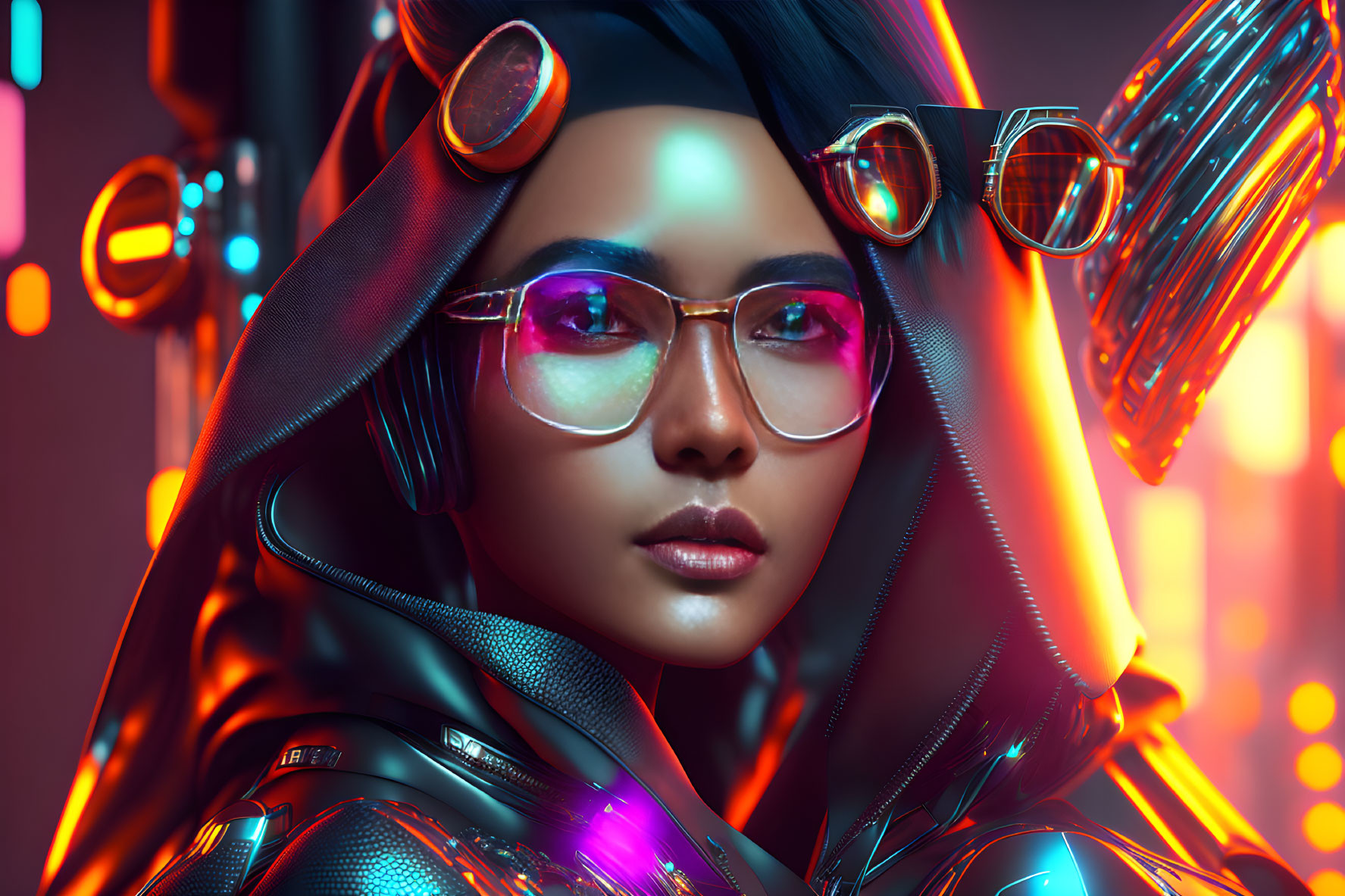 Vibrant futuristic portrait of a woman with reflective glasses and neon colors