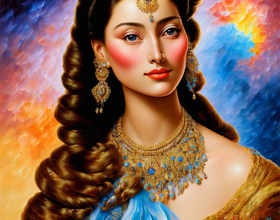 Vibrant digital painting of woman with elaborate hairstyle and gold jewelry