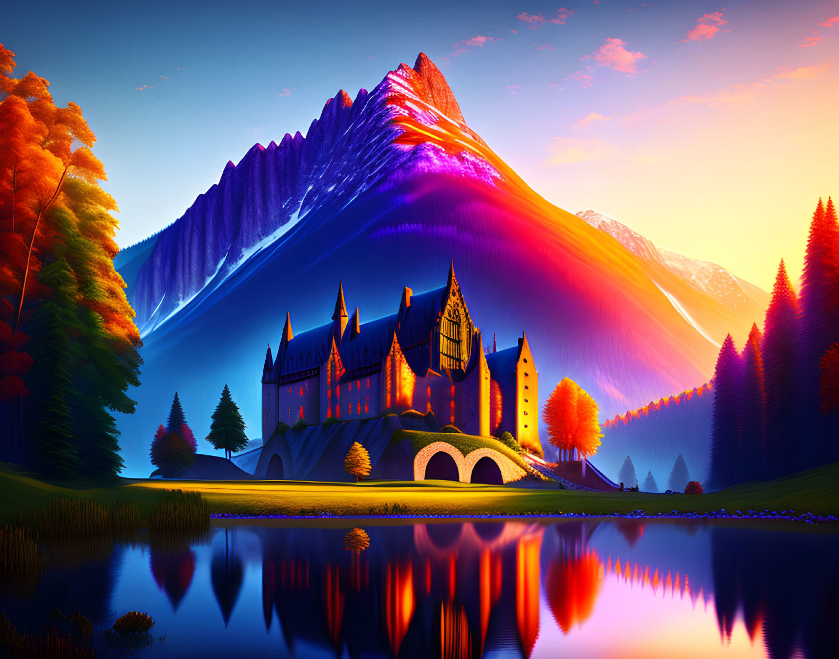 Digital Art: Castle by Mountain at Sunset with Lake Reflection