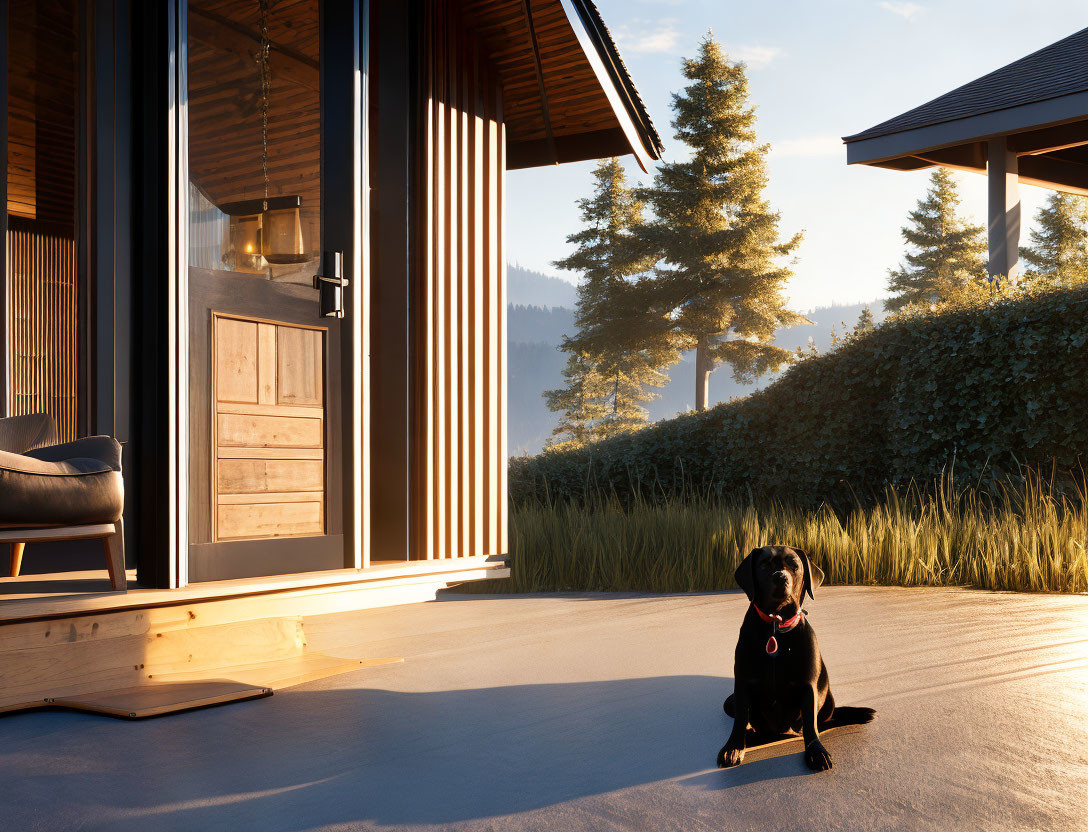 Black Dog on Patio of Modern House Surrounded by Lush Greenery