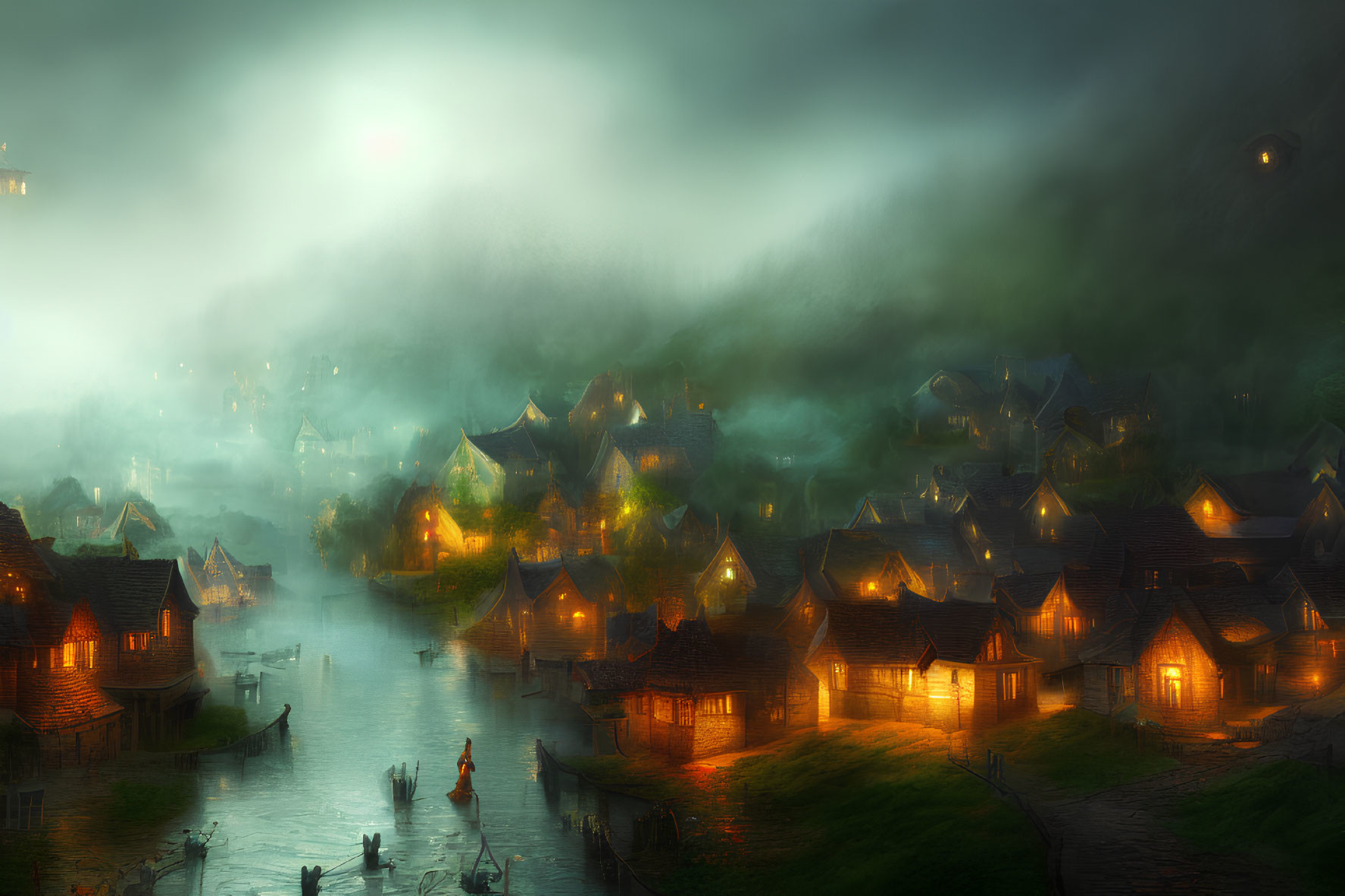 Ethereal village with traditional houses by misty river