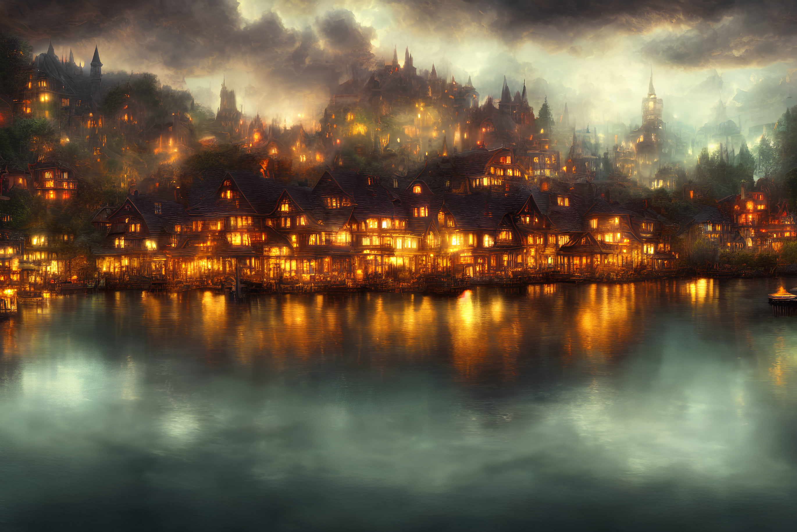 Tranquil lakeside town at twilight with warm golden lights