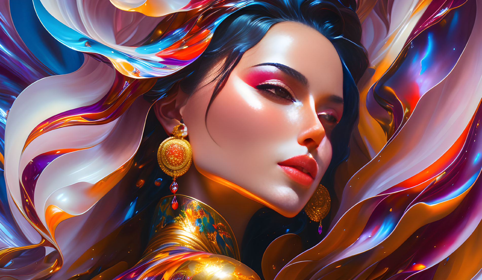 Colorful digital artwork: Woman with bold makeup amidst flowing abstract shapes