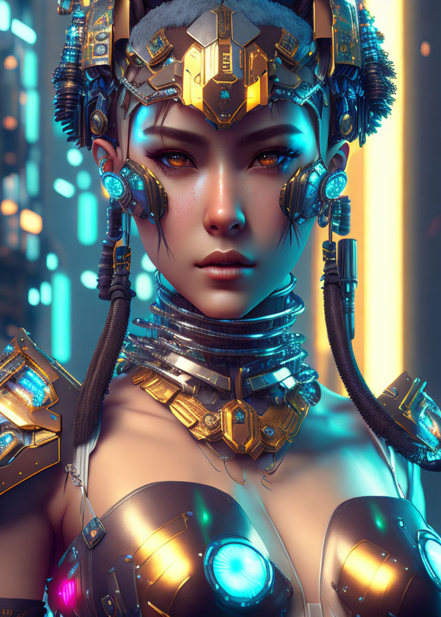 Futuristic female with cybernetic enhancements in neon-lit scene