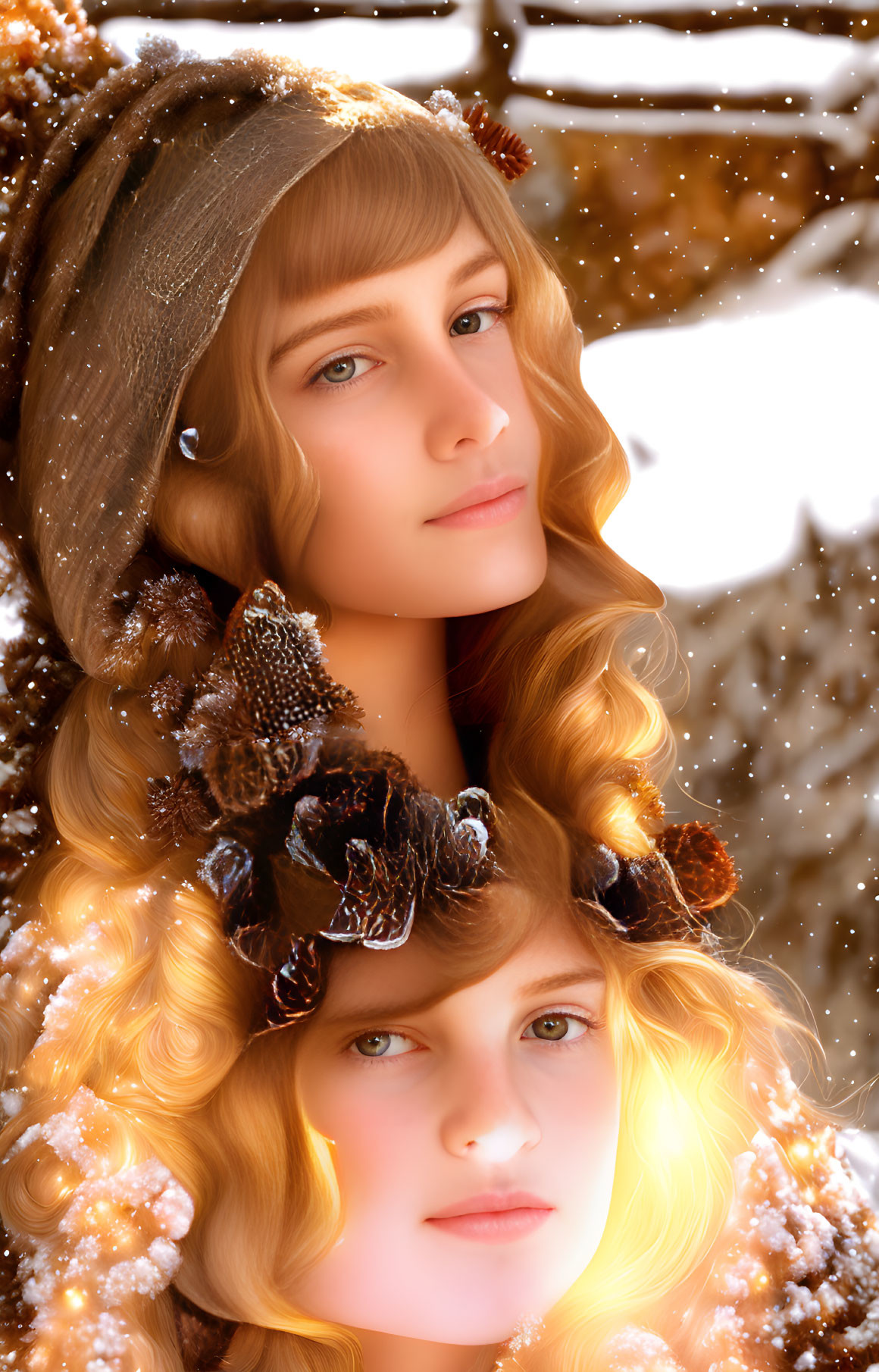 Two women with golden hair in winter hats under falling snowflakes